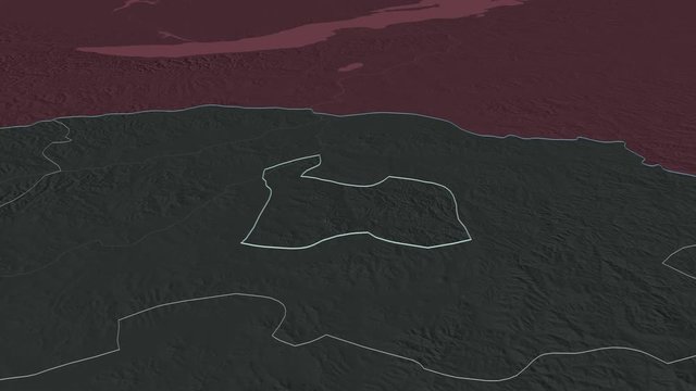 Darhan-Uul, municipality with its capital, zoomed and extruded on the administrative map of Mongolia in the conformal Stereographic projection. Animation 3D