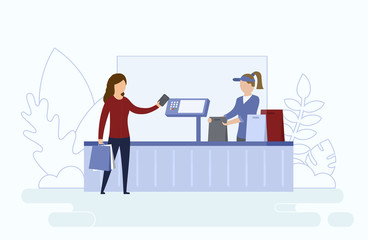 Concept Of Coronavirus, Precautionary Measures Of Virus Infection. Cashier Serve A Customer In Supermarket Sitting Behind Protective Screen. Woman Pay By Card For Purchases. Flat Vector Illustration