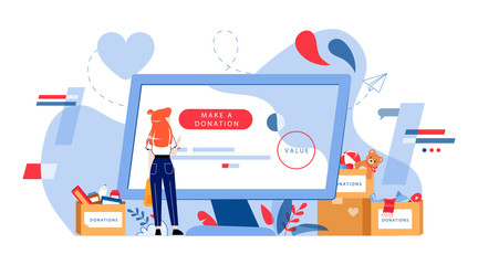 Fototapeta na wymiar Concept Of Clothes And Toys Donations. Happy Volunteer Girl Is Making A Donations Online On Computer Screen. Boxes With Things And Toys To Donation. Cartoon Linear Outline Flat Vector Illustration