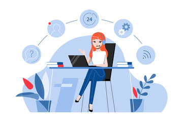 Creativity, Time Management And Innovation Concept. Female Character Technical Support Worker With Headset Is Working In Consulting Center Or Office. Cartoon Linear Outline Flat Vector Illustration