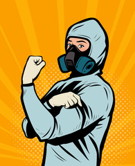 Human in chemical protective suit. Retro comic pop art vector illustration