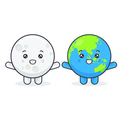 Cute Moon and Earth Characters With Happy Expression