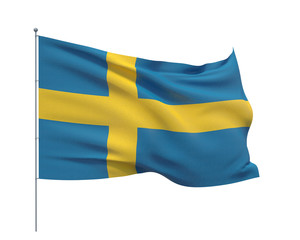 Waving flags of the world - flag of Sweden. Isolated on WHITE background 3D illustration.