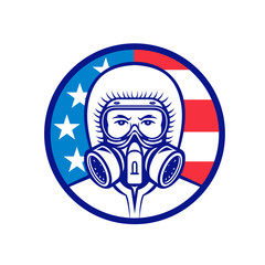 Mascot icon illustration of head of an American industrial worker, medical professional, essential or wearing a respiratory protective equipment, RPE viewed from front with USA flag in background.