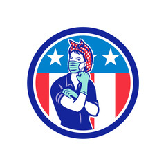 Mascot illustration of Rosie, the riveter, as medical healthcare essential worker wearing a surgical mask and gloves with USA stars and stripes flag set inside circle done in retro style.