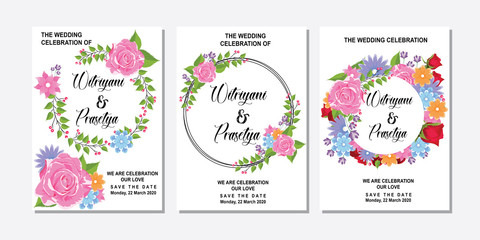 Fototapeta na wymiar Floral Frame Collection. Set of cute retro flowers arranged un a shape of the wreath perfect for wedding invitations and birthday cards