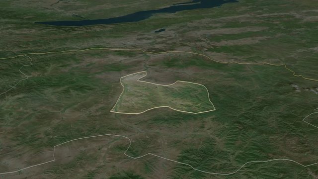 Darhan-Uul, municipality with its capital, zoomed and extruded on the satellite map of Mongolia in the conformal Stereographic projection. Animation 3D