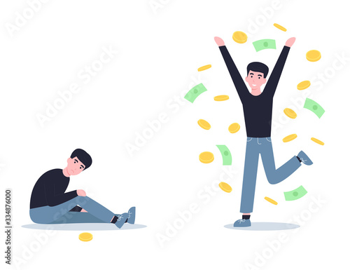 Poor And Rich Man Broke And Wealth Character Money Rain Concept Flat Vector Cartoon Modern Illustration Isolated White Background Wall Mural Natty