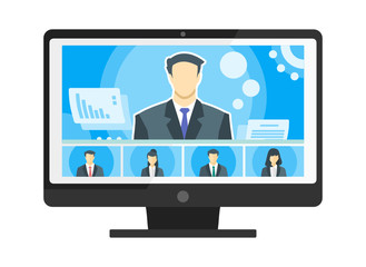 Fototapeta na wymiar 5 Panels Online Virtual Remote Meetings, TV Video Web Conference Teleconference with Male Main. Company CEO President Executive Manager Boss Employee Team Work Learn From Home WFH Live Stream Webinars