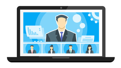 5 Panels Online Virtual Remote Meetings, TV Video Web Conference Teleconference with Male Main. Company CEO President Executive Manager Boss Employee Team Work Learn From Home WFH Live Stream Webinars
