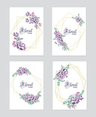 Set of card with purple flowers and geometricalgold  frame. Floral poster, invite. Vector decorative greeting card, invitation design background.