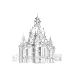 Frauenkirche, Church of our Lady in Dresden, Germany. Black and white drawing sketch. Illustration.