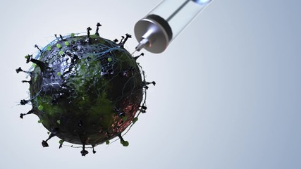 covid-19. a syringe punctures the cell of the virus and the virus dies. virus vaccine.