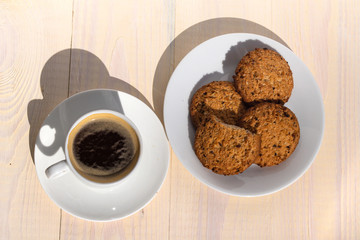 Espresso coffee and biscuits breakfast outdoors