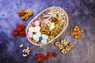 Homemade nougat with honey and almonds. the background