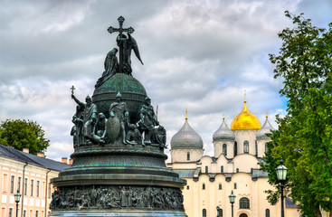 Fototapeta na wymiar The Millennium of Russia bronze monument with Saint Sophia Cathedral in the Novgorod Kremlin, Russian Federation