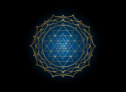 mystical mandala of Sri Yantra for your design. Golden sacred geometry and alchemy symbol blooming in a gold lotus flower, vector isolated on white background 