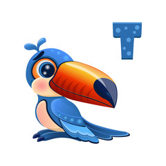 vector icon of funny cartoon toucan with a large beak with the letter of the Russian alphabet, smiling pet, teaching kids to read and write, learning online, smiley, mascot, emoticon bird  eps 10 © Tretana