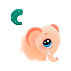 vector icon of funny cartoon african indian elephant with letter of russian alphabet, smiling pet, teaching kids to read and write, learning online, stay at home, smiley, mascot, emoticon eps 10 