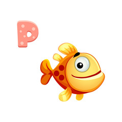 vector icon of funny cartoon fish with the letter of Russian alphabet, smiling pet, teaching kids to read and write, learning online, stay at home, smiley, mascot, emoticon isolated on white eps 10