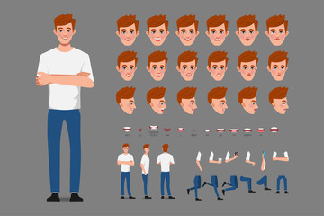 Cartoon character with businessman in casual wear for animation. Front, side, behaviour character. Separate parts of body. Flat vector illustration. - obrazy, fototapety, plakaty