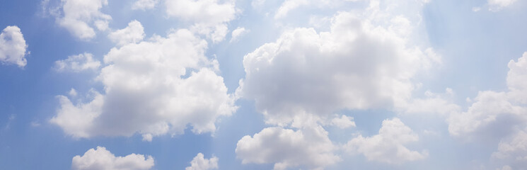 Panorama of clear blue sky with white cloud background. Clearing day and Good weather in the morning.