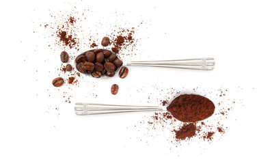 Spoons with coffee beans and coffee powder isolated on white