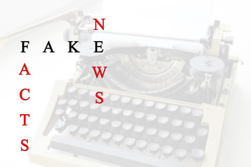 Abstract background, vintage typewriter. Fake or facts, news words, crossword.
