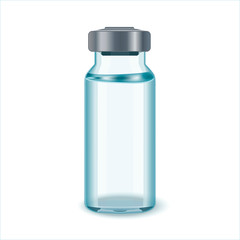 Glass Medicine Vial with aluminium cap. Flu or coronavirus vaccine.Glass Vial of In Injection Solution on white Background.  Vector illustration.