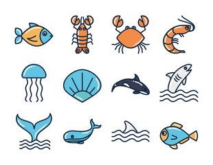 Isolated sea animals fill style icon set vector design