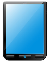 Vector drawing of a black unbranded electronic tablet with a blue screen and big buttons isolated on white.