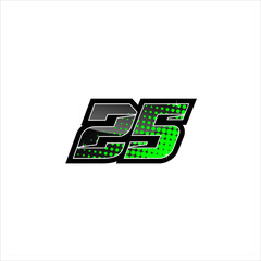 Vector Racing number 25, start racing number, sport race number with green black color and halftone dots style isolated on white background