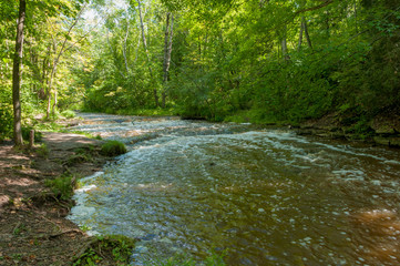 Naklejka na ściany i meble Wide view of small Baird Creek waterfall and rapids, flowing over the Niagara Escarpment at Baird Creek, Baird Creek Parkway, Green Bay, WI. Spring, summer rushing water.