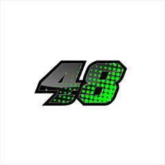 Fototapeta premium Vector Racing number 48, start racing number, sport race number with green black color and halftone dots style isolated on white background