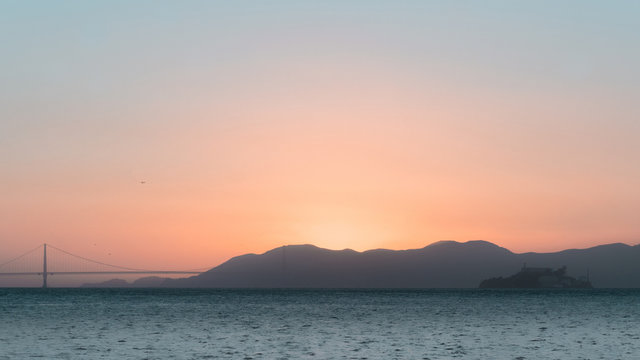 San Francisco Bay Sunset with Alcatraz Island and Golden Gate Bridge silhouettes