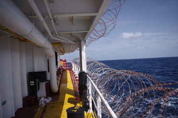 Razor wires on board the ship as anti piracy measure