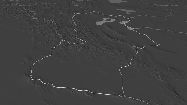 Hovd, province with its capital, zoomed and extruded on the bilevel map of Mongolia in the conformal Stereographic projection. Animation 3D