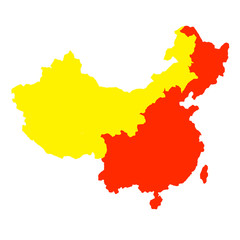 Map of China, separating the yellow and red regions