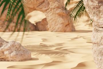 Rock cliff and stones on sand with green palm tree. 3d rendered illustration. Best for product presentation.