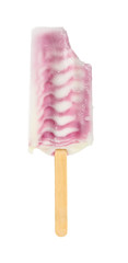 pink color popsicle with a big bite on a white background