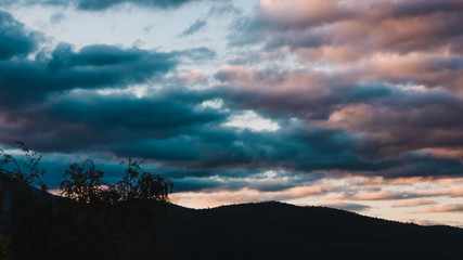 pink and purple toned sunset over the mountains, shot in Tasmania