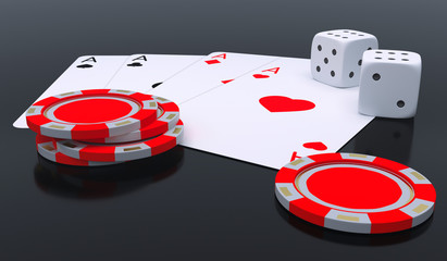 Poker set cards chips and dice close up 3d render illustration