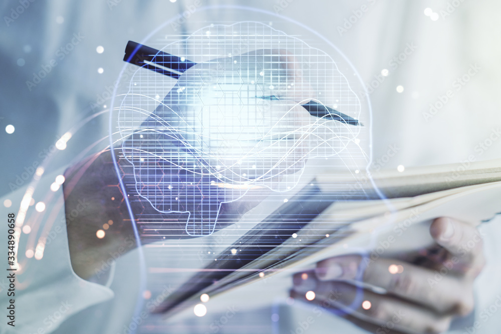 Poster double exposure of creative artificial intelligence symbol with man hand writing in notebook on back