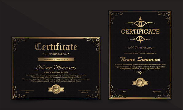 Luxury black and gold certificate with gold frame color.