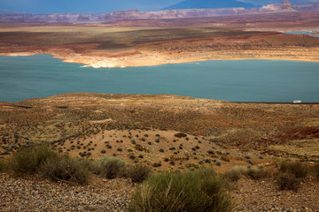 Page, Arizona / USA - August 05, 2015: Panoramic view on famous lake Powell, Page, Arizona, USA