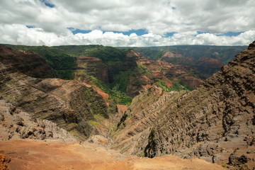 view of the Waimea Canyon in Kauai, Hawaii during cloudy weather