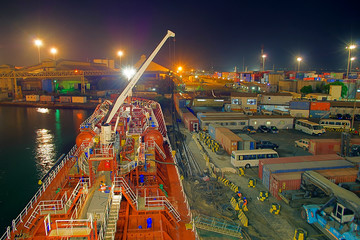 Wiec from Tanker during night at terminal inside port - obrazy, fototapety, plakaty