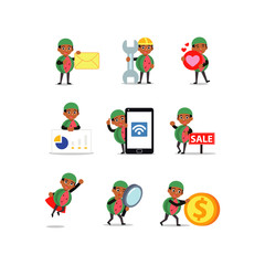 Set character of man creating cute slice-shaped watermelon costumes.