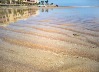 Red Sea shallow, close up view. Abstract pattern on yellow sand. Egyptian beach in February. Selective soft focus. Blurred background
