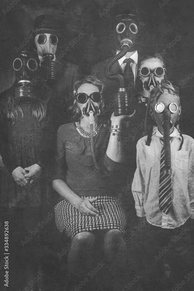 Wall mural social distancing family photo with everyone wearing gas masks